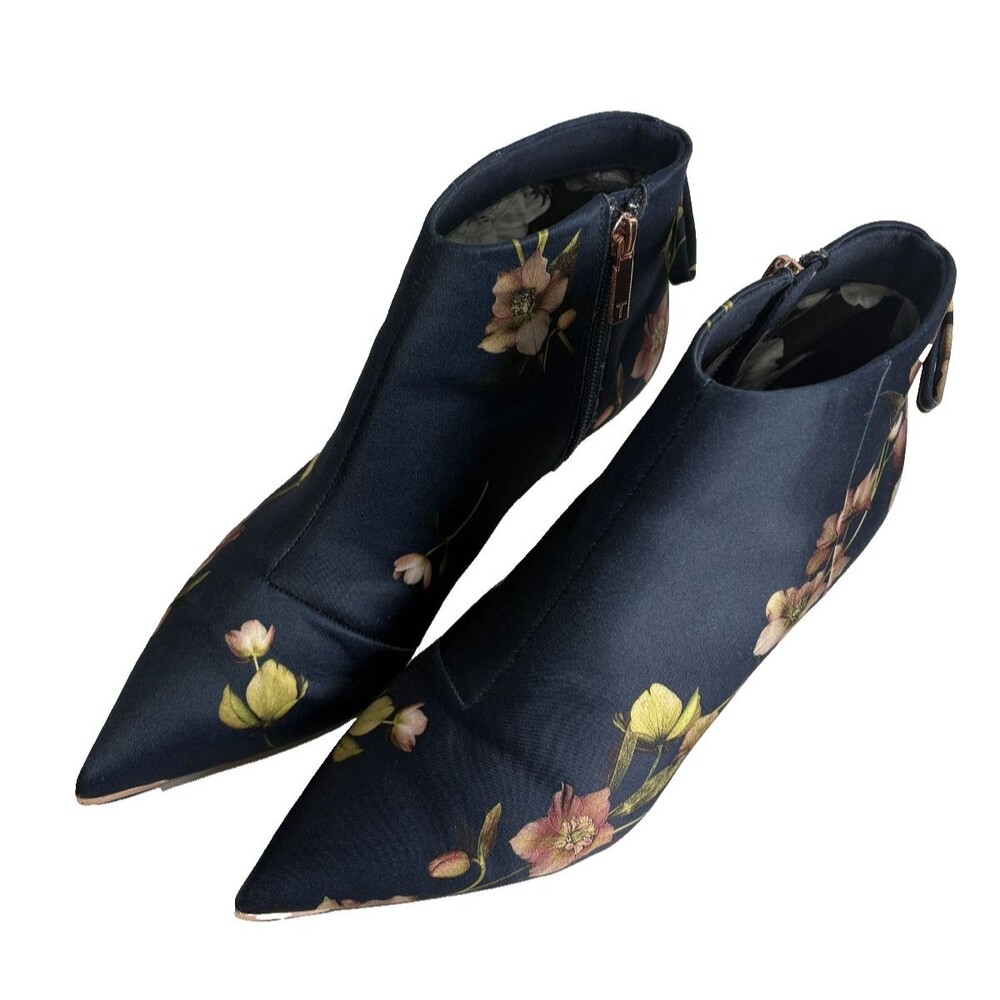 Ted Baker Amaedip Ankle Booties Blue Navy Satin Floral print Heel Women's 8.5 -9
